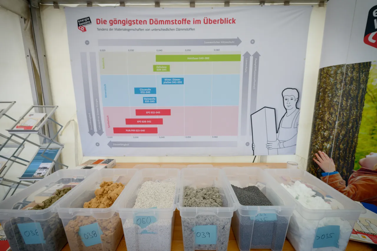 Besucher konnten sich am Stand von energiekonsens &uuml;ber die unterschiedlichen D&auml;mmstoffe informieren